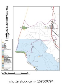 Vector map with summits, rivers, railroads, streets, lakes, parks, airports, stadiums, correctional facilities, military installations and federal lands by zip code 93434 with labels and clean layers.