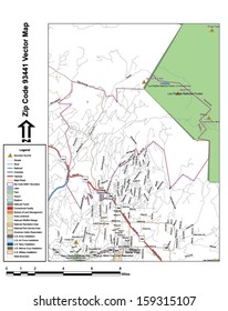 Vector map with summits, rivers, railroads, streets, lakes, parks, airports, stadiums, correctional facilities, military installations and federal lands by zip code 93441 with labels and clean layers.