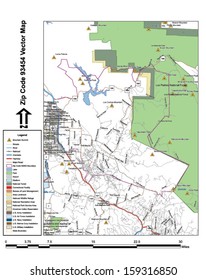 Vector map with summits, rivers, railroads, streets, lakes, parks, airports, stadiums, correctional facilities, military installations and federal lands by zip code 93454 with labels and clean layers.