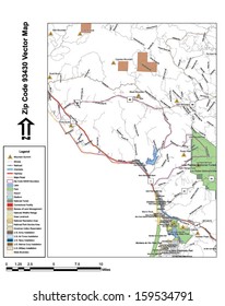 Vector map with summits, rivers, railroads, streets, lakes, parks, airports, stadiums, correctional facilities, military installations and federal lands by zip code 93430 with labels and clean layers.