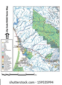 Vector map with summits, rivers, railroads, streets, lakes, parks, airports, stadiums, correctional facilities, military installations and federal lands by zip code 93442 with labels and clean layers.