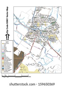 Vector map with summits, rivers, railroads, streets, lakes, parks, airports, stadiums, correctional facilities, military installations and federal lands by zip code 93901 with labels and clean layers.