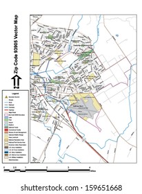 Vector map with summits, rivers, railroads, streets, lakes, parks, airports, stadiums, correctional facilities, military installations and federal lands by zip code 93905 with labels and clean layers.