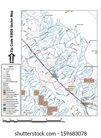 Vector map with summits, rivers, railroads, streets, lakes, parks, airports, stadiums, correctional facilities, military installations and federal lands by zip code 93926 with labels and clean layers.