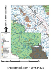 Vector map with summits, rivers, railroads, streets, lakes, parks, airports, stadiums, correctional facilities, military installations and federal lands by zip code 93927 with labels and clean layers.