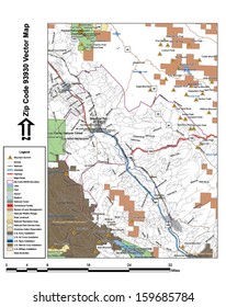 Vector map with summits, rivers, railroads, streets, lakes, parks, airports, stadiums, correctional facilities, military installations and federal lands by zip code 93930 with labels and clean layers.