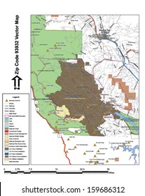 Vector map with summits, rivers, railroads, streets, lakes, parks, airports, stadiums, correctional facilities, military installations and federal lands by zip code 93932 with labels and clean layers.