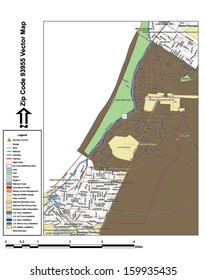 Vector map with summits, rivers, railroads, streets, lakes, parks, airports, stadiums, correctional facilities, military installations and federal lands by zip code 93955 with labels and clean layers.