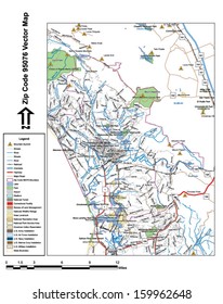 Vector map with summits, rivers, railroads, streets, lakes, parks, airports, stadiums, correctional facilities, military installations and federal lands by zip code 95076 with labels and clean layers.