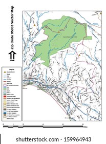 Vector map with summits, rivers, railroads, streets, lakes, parks, airports, stadiums, correctional facilities, military installations and federal lands by zip code 95003 with labels and clean layers.