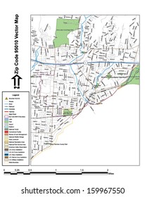 Vector map with summits, rivers, railroads, streets, lakes, parks, airports, stadiums, correctional facilities, military installations and federal lands by zip code 95010 with labels and clean layers.