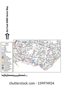 Vector map with summits, rivers, railroads, streets, lakes, parks, airports, stadiums, correctional facilities, military installations and federal lands by zip code 95062 with labels and clean layers.