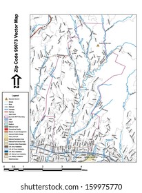 Vector map with summits, rivers, railroads, streets, lakes, parks, airports, stadiums, correctional facilities, military installations and federal lands by zip code 95073 with labels and clean layers.