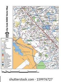 Vector map with summits, rivers, railroads, streets, lakes, parks, airports, stadiums, correctional facilities, military installations and federal lands by zip code 94002 with labels and clean layers.