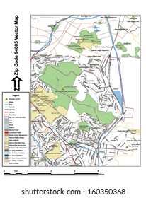 Vector map with summits, rivers, railroads, streets, lakes, parks, airports, stadiums, correctional facilities, military installations and federal lands by zip code 94005 with labels and clean layers.