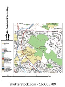 Vector map with summits, rivers, railroads, streets, lakes, parks, airports, stadiums, correctional facilities, military installations and federal lands by zip code 94014 with labels and clean layers.