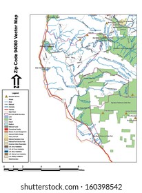 Vector map with summits, rivers, railroads, streets, lakes, parks, airports, stadiums, correctional facilities, military installations and federal lands by zip code 94060 with labels and clean layers.