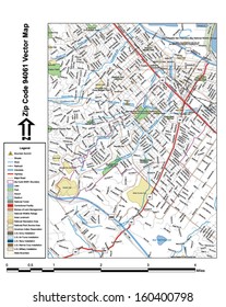 Vector map with summits, rivers, railroads, streets, lakes, parks, airports, stadiums, correctional facilities, military installations and federal lands by zip code 94061 with labels and clean layers.