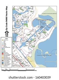 Vector map with summits, rivers, railroads, streets, lakes, parks, airports, stadiums, correctional facilities, military installations and federal lands by zip code 94065 with labels and clean layers.