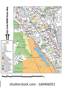 Vector map with summits, rivers, railroads, streets, lakes, parks, airports, stadiums, correctional facilities, military installations and federal lands by zip code 94066 with labels and clean layers.