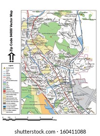 Vector map with summits, rivers, railroads, streets, lakes, parks, airports, stadiums, correctional facilities, military installations and federal lands by zip code 94080 with labels and clean layers.