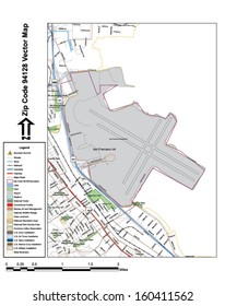 Vector map with summits, rivers, railroads, streets, lakes, parks, airports, stadiums, correctional facilities, military installations and federal lands by zip code 94128 with labels and clean layers.