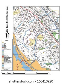 Vector map with summits, rivers, railroads, streets, lakes, parks, airports, stadiums, correctional facilities, military installations and federal lands by zip code 94402 with labels and clean layers.