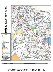Vector map with summits, rivers, railroads, streets, lakes, parks, airports, stadiums, correctional facilities, military installations and federal lands by zip code 94403 with labels and clean layers.