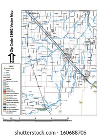 Vector map with summits, rivers, railroads, streets, lakes, parks, airports, stadiums, correctional facilities, military installations and federal lands by zip code 93662 with labels and clean layers.