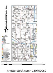 Vector map with summits, rivers, railroads, streets, lakes, parks, airports, stadiums, correctional facilities, military installations and federal lands by zip code 93704 with labels and clean layers.