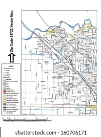 Vector map with summits, rivers, railroads, streets, lakes, parks, airports, stadiums, correctional facilities, military installations and federal lands by zip code 93722 with labels and clean layers.
