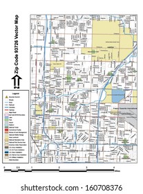 Vector map with summits, rivers, railroads, streets, lakes, parks, airports, stadiums, correctional facilities, military installations and federal lands by zip code 93726 with labels and clean layers.