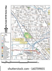 Vector map with summits, rivers, railroads, streets, lakes, parks, airports, stadiums, correctional facilities, military installations and federal lands by zip code 93728 with labels and clean layers.