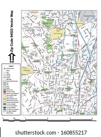 Vector map with summits, rivers, railroads, streets, lakes, parks, airports, stadiums, correctional facilities, military installations and federal lands by zip code 94523 with labels and clean layers.