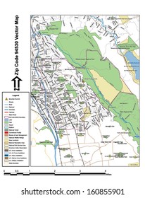 Vector map with summits, rivers, railroads, streets, lakes, parks, airports, stadiums, correctional facilities, military installations and federal lands by zip code 94530 with labels and clean layers.