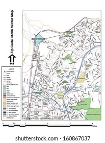 Vector map with summits, rivers, railroads, streets, lakes, parks, airports, stadiums, correctional facilities, military installations and federal lands by zip code 94806 with labels and clean layers.