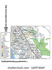 Vector map with summits, rivers, railroads, streets, lakes, parks, airports, stadiums, correctional facilities, military installations and federal lands by zip code 94544 with labels and clean layers.