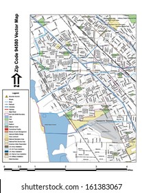 Vector map with summits, rivers, railroads, streets, lakes, parks, airports, stadiums, correctional facilities, military installations and federal lands by zip code 94580 with labels and clean layers.