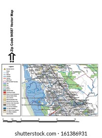 Vector map with summits, rivers, railroads, streets, lakes, parks, airports, stadiums, correctional facilities, military installations and federal lands by zip code 94587 with labels and clean layers.