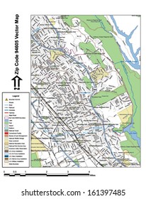 Vector map with summits, rivers, railroads, streets, lakes, parks, airports, stadiums, correctional facilities, military installations and federal lands by zip code 94605 with labels and clean layers.