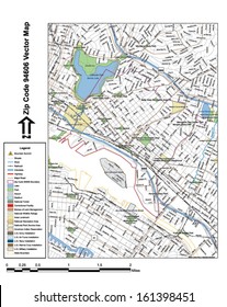 Vector map with summits, rivers, railroads, streets, lakes, parks, airports, stadiums, correctional facilities, military installations and federal lands by zip code 94606 with labels and clean layers.