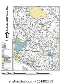 Vector map with summits, rivers, railroads, streets, lakes, parks, airports, stadiums, correctional facilities, military installations and federal lands by zip code 94610 with labels and clean layers.