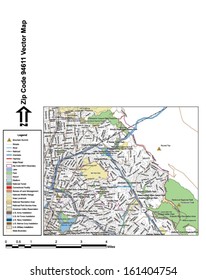 Vector map with summits, rivers, railroads, streets, lakes, parks, airports, stadiums, correctional facilities, military installations and federal lands by zip code 94611 with labels and clean layers.