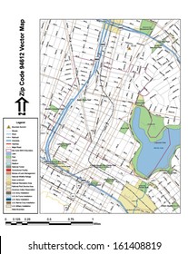 Vector map with summits, rivers, railroads, streets, lakes, parks, airports, stadiums, correctional facilities, military installations and federal lands by zip code 94612 with labels and clean layers.