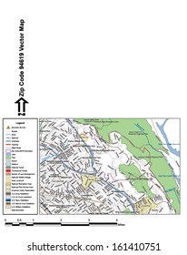 Vector map with summits, rivers, railroads, streets, lakes, parks, airports, stadiums, correctional facilities, military installations and federal lands by zip code 94619 with labels and clean layers.