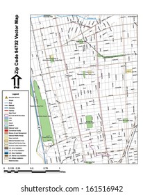 Vector map with summits, rivers, railroads, streets, lakes, parks, airports, stadiums, correctional facilities, military installations and federal lands by zip code 94702 with labels and clean layers.