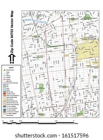 Vector map with summits, rivers, railroads, streets, lakes, parks, airports, stadiums, correctional facilities, military installations and federal lands by zip code 94703 with labels and clean layers.