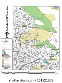Vector map with summits, rivers, railroads, streets, lakes, parks, airports, stadiums, correctional facilities, military installations and federal lands by zip code 94704 with labels and clean layers.