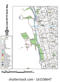 Vector map with summits, rivers, railroads, streets, lakes, parks, airports, stadiums, correctional facilities, military installations and federal lands by zip code 94710 with labels and clean layers.