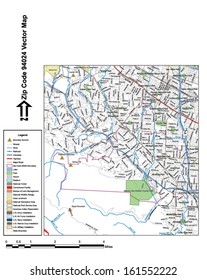 Vector map with summits, rivers, railroads, streets, lakes, parks, airports, stadiums, correctional facilities, military installations and federal lands by zip code 94024 with labels and clean layers.